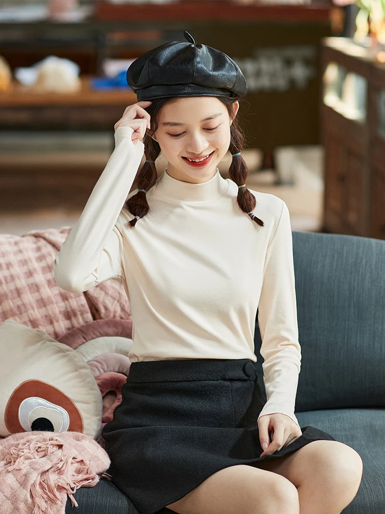 

Autumn and Winter New Bottoming Shirt for Women Long Sleeves Inner Wear Fleece-Lined Thickened Half-High Collar All-Match T