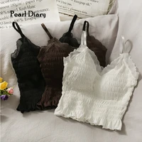 pearl diary women smocked camisole summer adjustable strap slim fit crop tops korean style sweet ruffle v neck backless tops