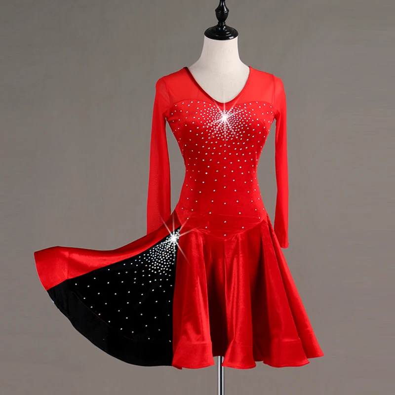 

Shiny Rhinestones Latin Dance Dress Women Red Black Profession Custom High-end Adult Latin Dance Performance Clothes