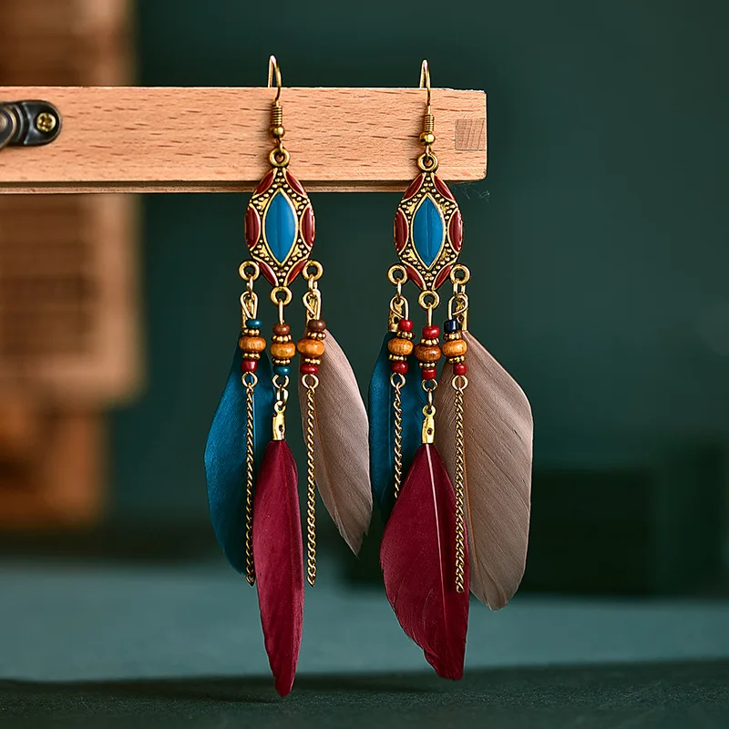 

Creative Retro Tassel Feather Earrings Long Oil Drop Earrings European and American Bohemian Jewelry