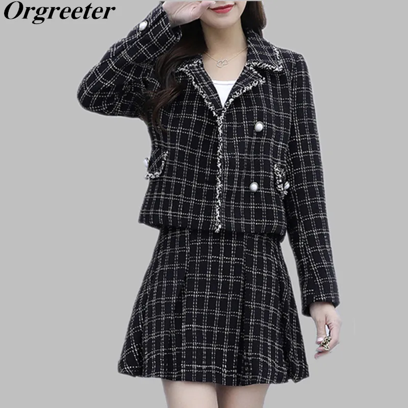 Черный твидовый в клетку комплект из 2 предметов Осень зима 2019 Новый кардиган с