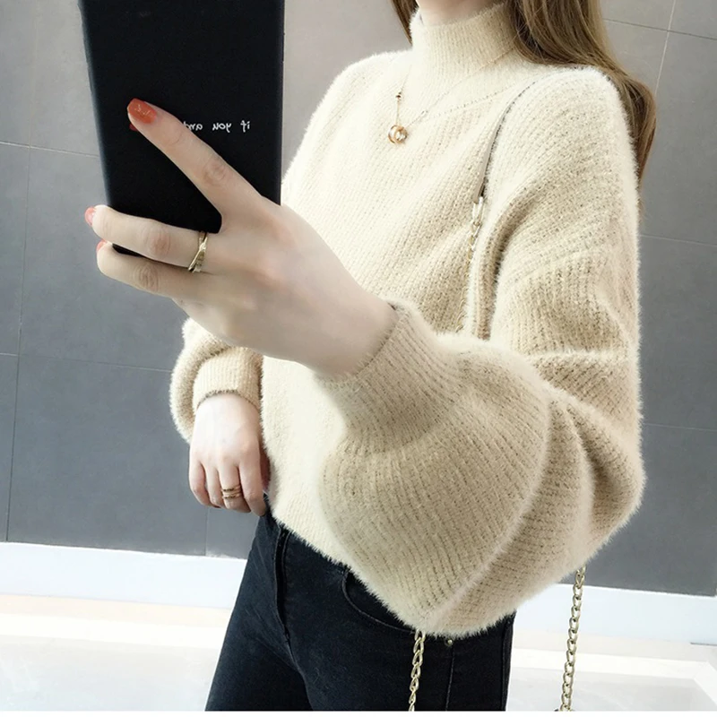 Короткий свитер с высоким воротом бархатный пуловер кашемировый для женщин