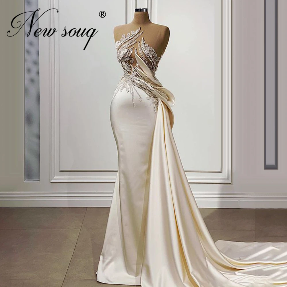 

Sheer Neck Beaded Evening Dresses Long Train Red Carpet Dresses 2021 Saudi Arabia Celebrity Dress Vestido De Festa Party Night