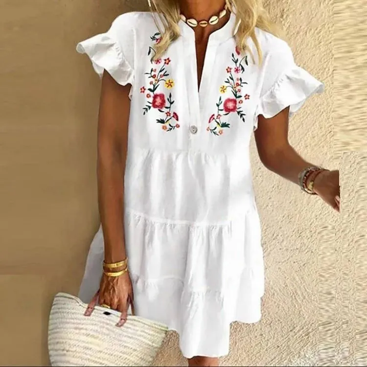 

Women Flower Print Dress Elegant Lady V-Neck Half Sleeve Dress Autumn Summer Bohemian Loose Tassel Dress Vestidos