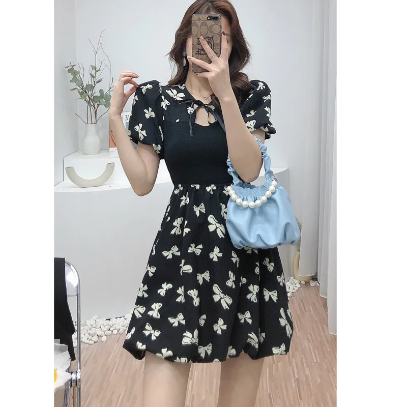 

French Sweet Dress Female Summer Bowknot Short Puff Sleeve Lace High Waist Slim A-line Party Vintage Sundress Sexy Vestidos