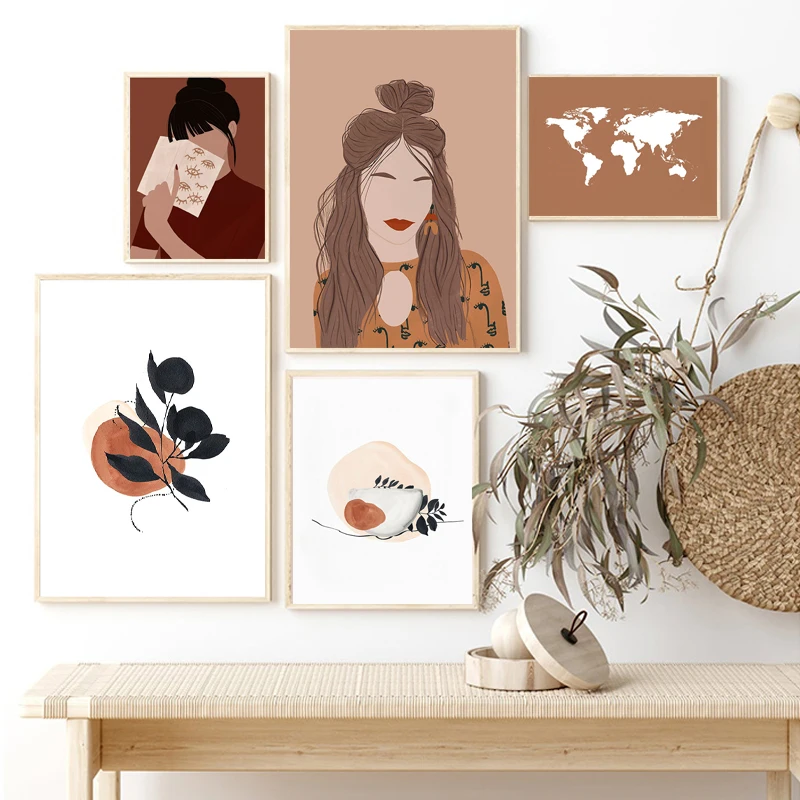 

Скандинавские плакаты и принты, красивая девушка, холст, живопись, абстрактные листья, картины, World Настенная картина со стилизованной карто...