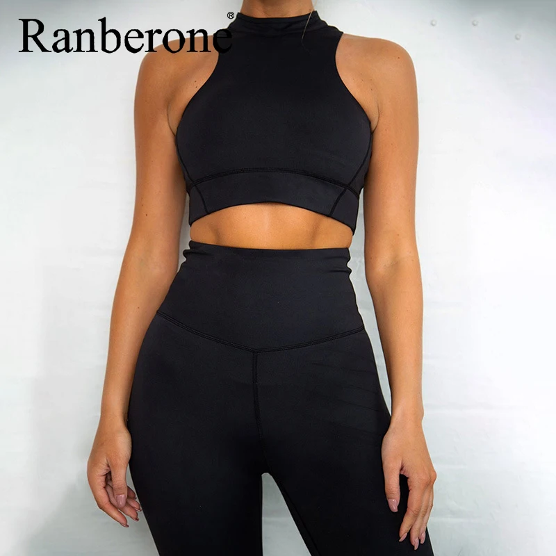 Ranberone Yoga Sets Women Sportswear Zipper Crop Tops Fluorescent Color Push Up Leggings Yoga Suit Women's Tracksuits 2021
