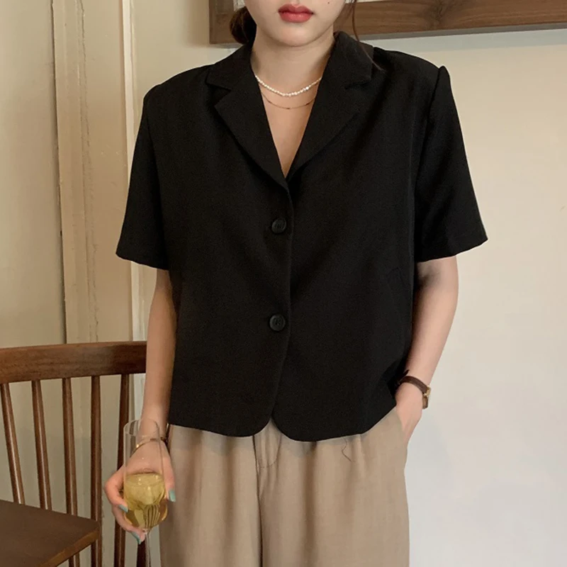 

ZAWAHIKI Korean Summer Vintage Simplicity Blazers Women Notched Collar Two Buttons Short Sleeve Solid Tops Loose Thin Blazers