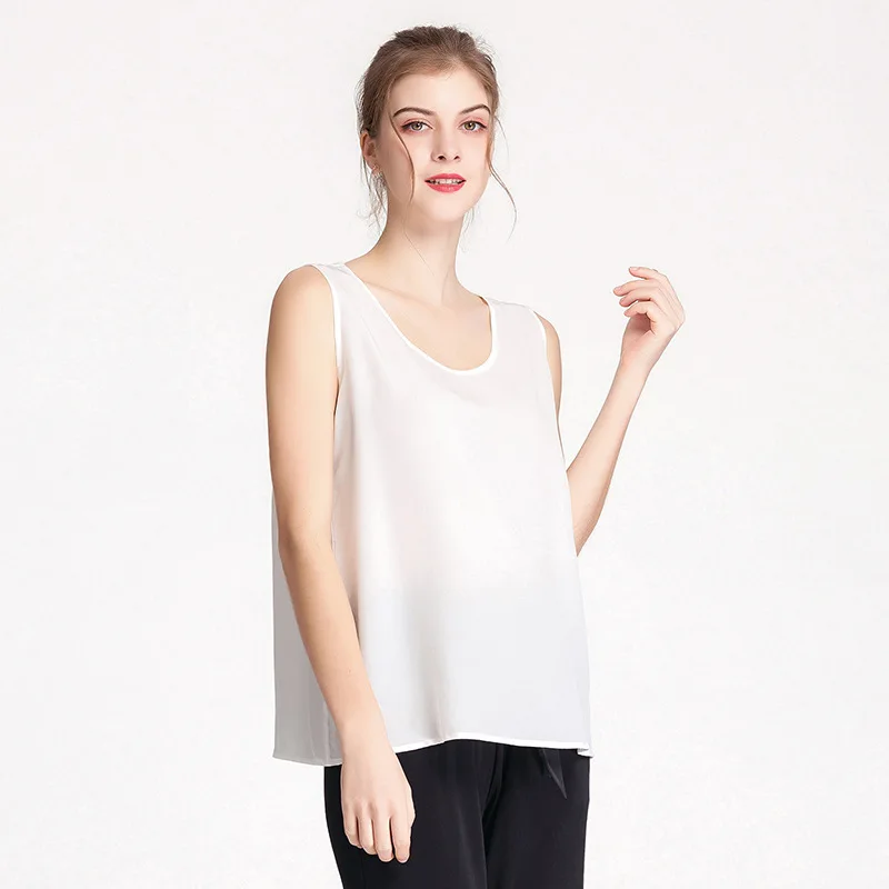 Женская модельная майка из 100% шелка модная прямая футболка без рукавов с круглым