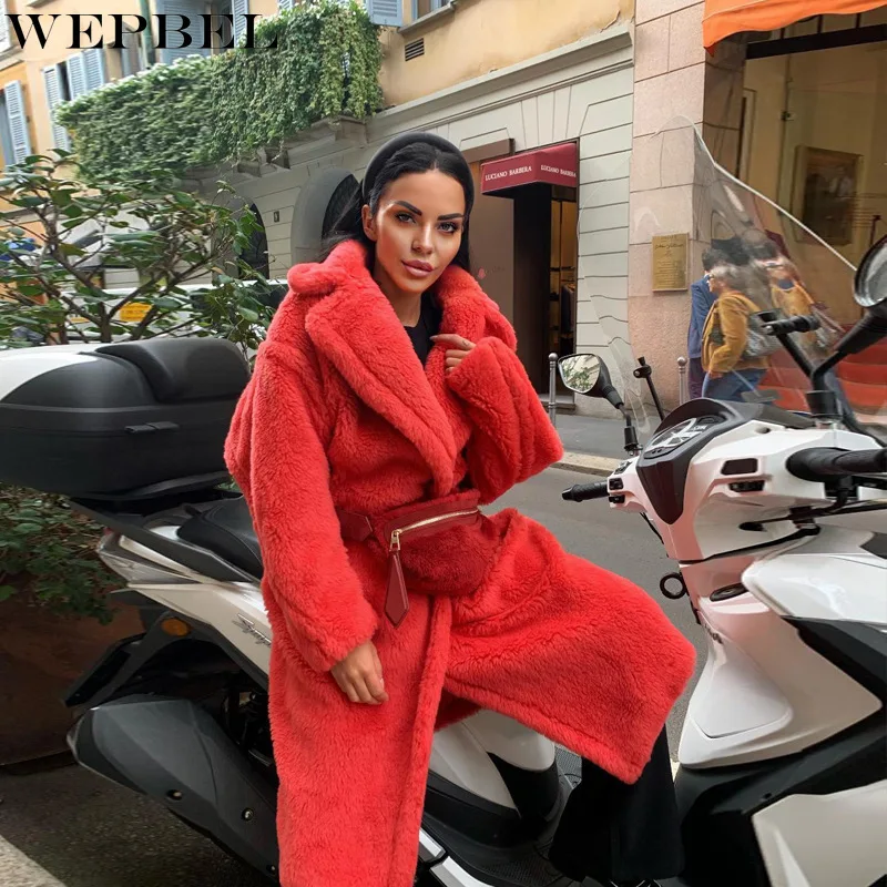 

WEPBEL Plush Trench Winter Fashion Solid Color Cardigan Warm Coat Women's Casual Long Sleeve Turn-Down Collar Straight Trench
