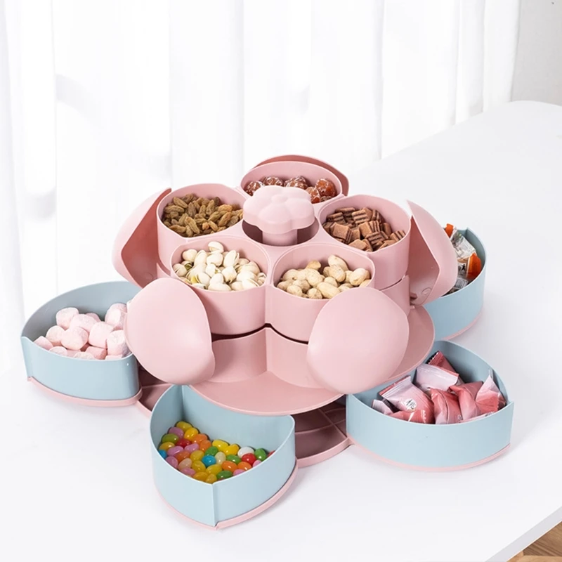 

Double Layer Petal Rotating Food Storage Box Double Layer Design Snack Nuts Organizer Case with Lid