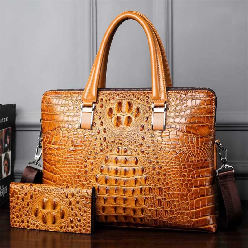 khaki with wallet Роскошный коровья натуральная кожа деловой мужской портфель Мужская Наплечная Сумка с принтом сумка-мессенджер сумка-тоут Компьютерная сумка - Цвет: khaki with wallet