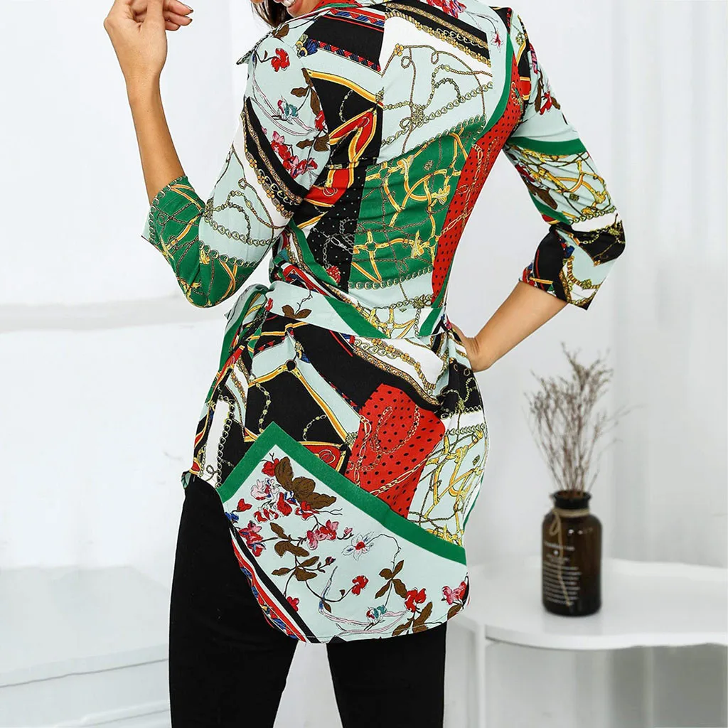 Сексуальные женские блузки с принтом и топы отворотами пуговицами длинные блузы