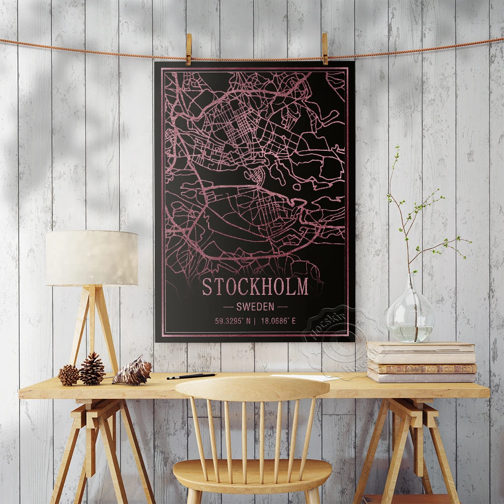 Стокгольм Швеция Карта Декор Плакат Мира Путешествия Настенная Черный Фон