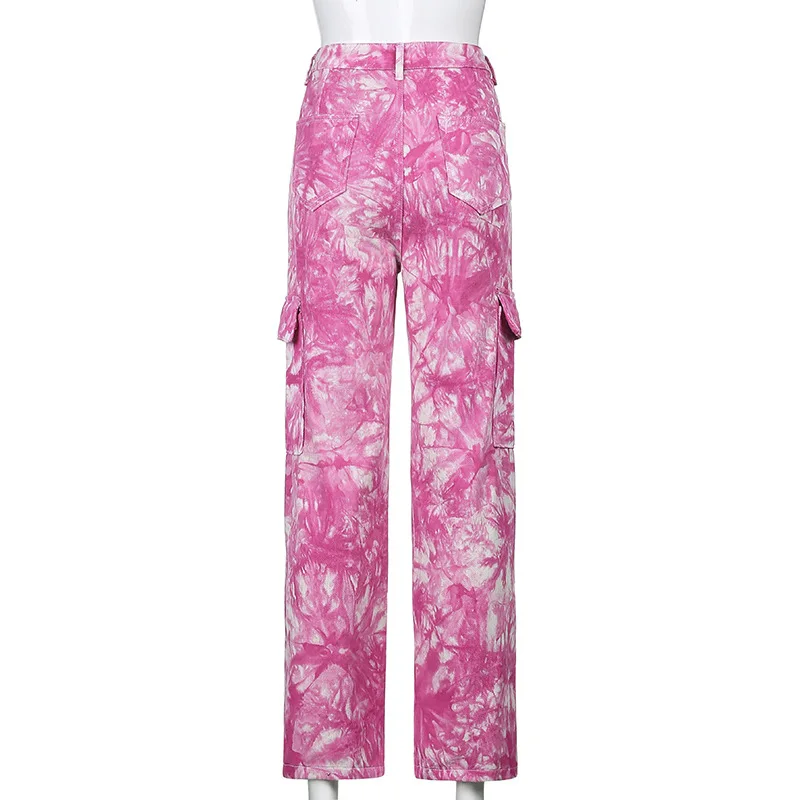 

2021 New Arrival Summer Style Female Fashion Sexy Summer Pink Tie-dye Cute High Waist Hot Night Club Denim Stright Pants