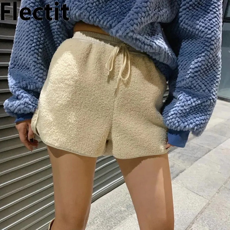 

Flectit Cozy Faux Fur Sherpa Lounge Shorts Women Drawstring High Waist Warm Shorts Fall Winter Boots Shorts Outfits *