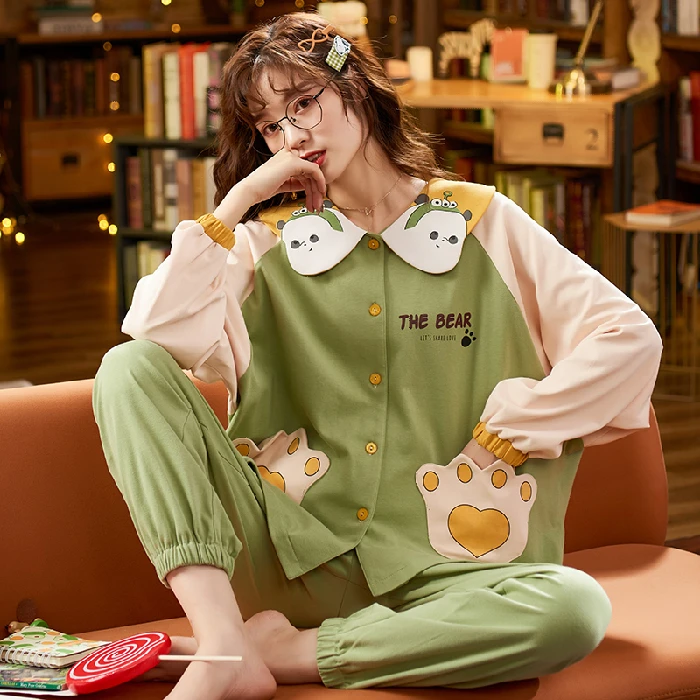 

New Arrivals Full Cotton Leisure Sleepwear Top Women Pajamas Set Autumn Winter Long Sleeve Women Pajamas Set Pant Pyjamas Sets