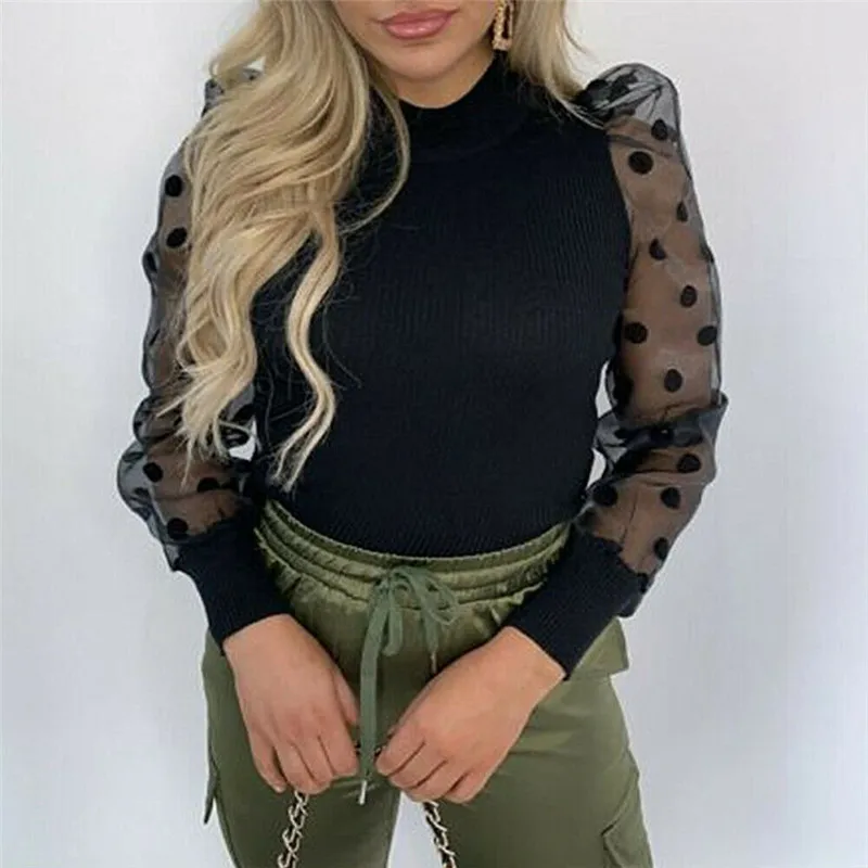 

Newest Women Sheer Sleeve Shirt Mesh See-through Blouse High Neck Polka Dot Autumn Winter Puff Long Sleeve Tops Sexy Lace Shirts