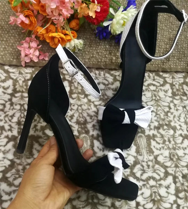 

Square Toe 10cm Thin High Heel Sandals Women Ankle Strap Black White Mixed Butterfly-knot Summer Sandalias De Mujer