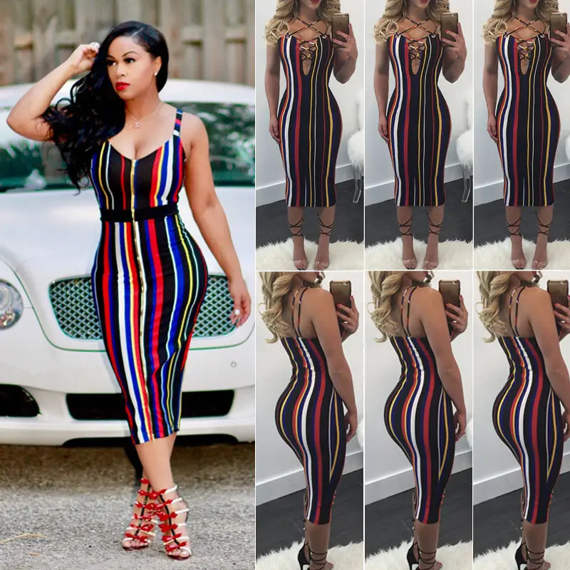 Сексуальное женское летнее Бандажное Полосатое платье 2017 на бретелях с v