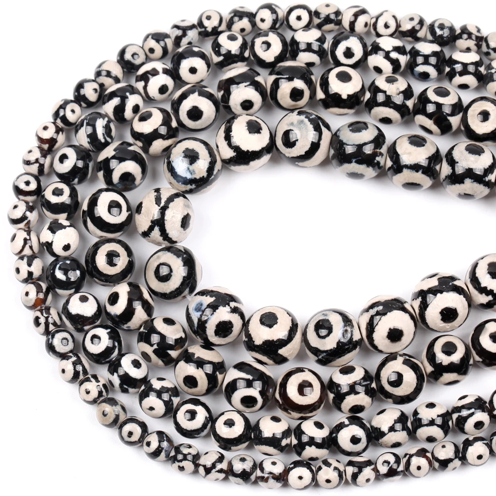 

Натуральные Круглые Гладкие тибетские бусины Dzi с тремя глазами, черные и белые бусины Dzi для изготовления ювелирных изделий «сделай сам», а...
