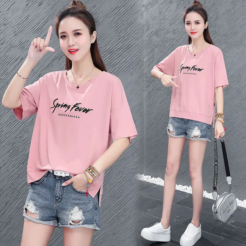 

Pure Cotton Short Sleeve Women T-shirt Summer New Style Loose Fashion Casual Round Neckline T-shirt Women