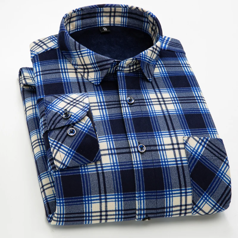 Men's Plaid Long Sleeve Shirt 2020 Autumn Winter Thicken Plus Velvet Warm Fashion Thick Casual / Size 6XL Blouse | Мужская одежда