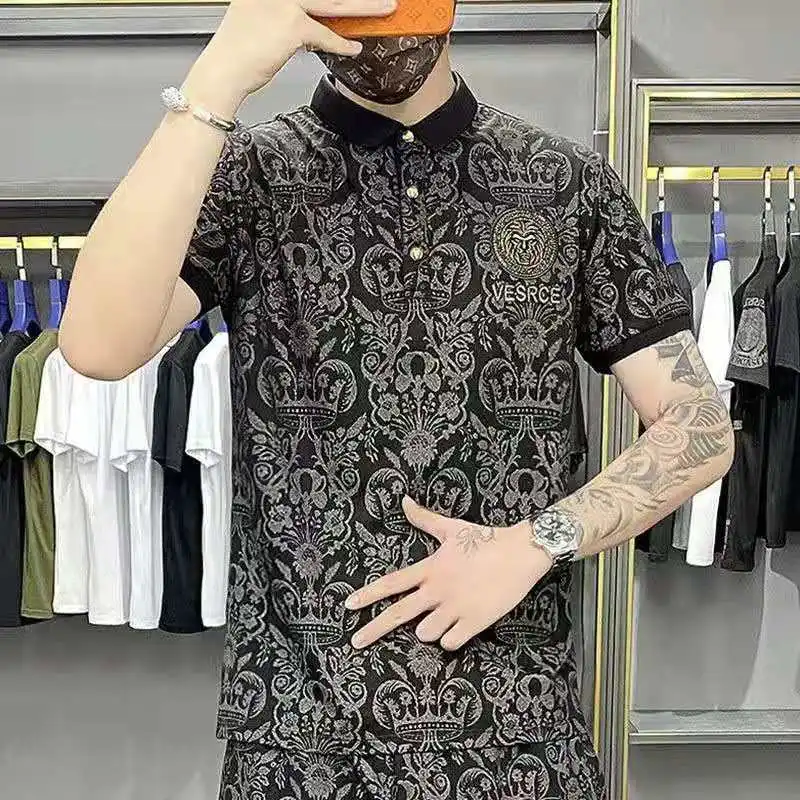 

2021 Men's Sports And Fitness Apparel Dark Jacquard Short-Sleeved Summer Trend Loose Large Size Lapel With Five-Point Pants Casu