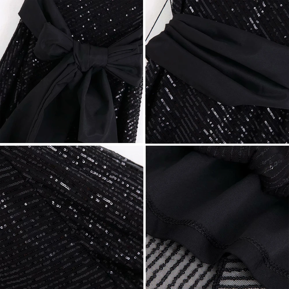 Платье с блестками ZA Fashion для вечеринки на одно плечо с лентой, черное, без рукавов, 2019 года.