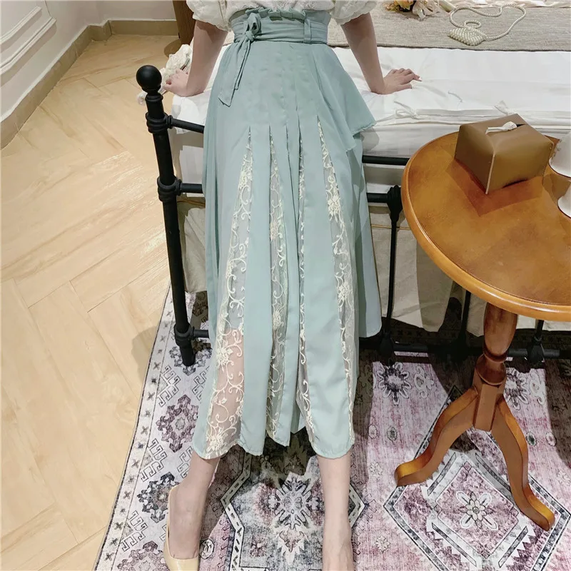 

Summer Vintage Casual Embroidery Round Neck Puff Sleeve Top + Pleated Heavy Print Patchwork Hollow Out Lace-Up Design Dress