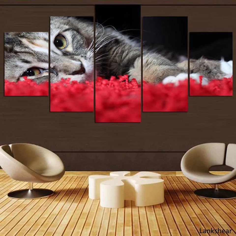 Современная живопись HD Печать на холсте 5 панелей милая кошка животное украшение