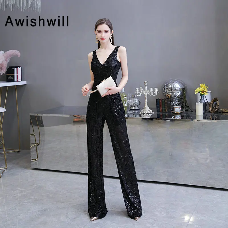 

New Arrival 2020 Shiny Jumpsuit Long Prom Dress V Neck Sleeveless Silver Black Sequins Formal Dress Women Evening Gowns