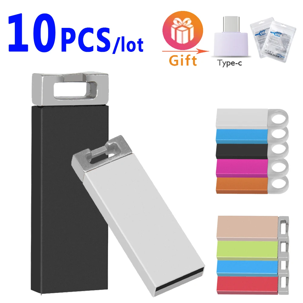 

10PCS Cle Usb Flash Drives 128GB Metal Waterproof Pendrive 64GB 32GB Silver Pen Drive 16GB 8GB Memoria Usb 2.0 Stick Custom Logo