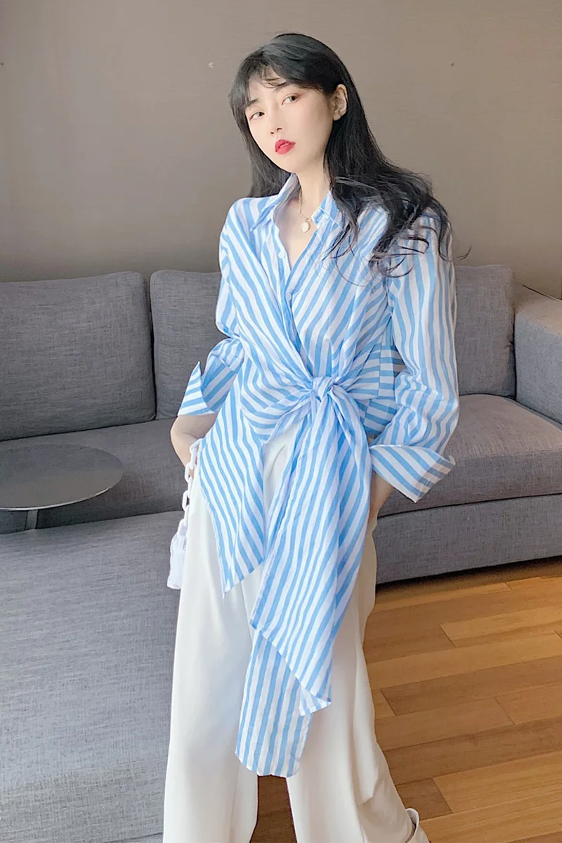 

COIGARSAM Fashion Full Sleeve Shirt Womens tops Striped Loose Women shirts Blue Stripe 9523