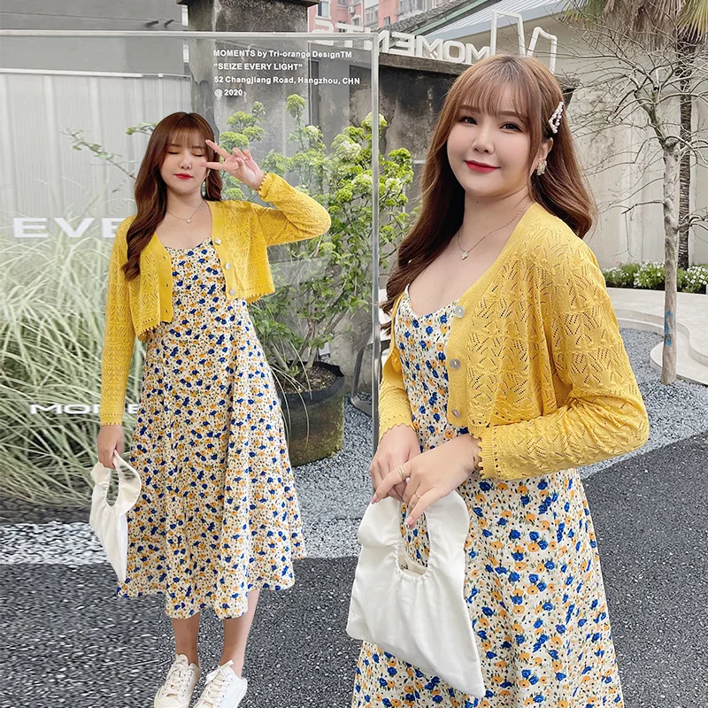 

2021 Plus Size Women's V-neck Hollow Knitted Cardigan Floral Mid-Length Suspender Dress Suit Sexy Sling Dresses Summer