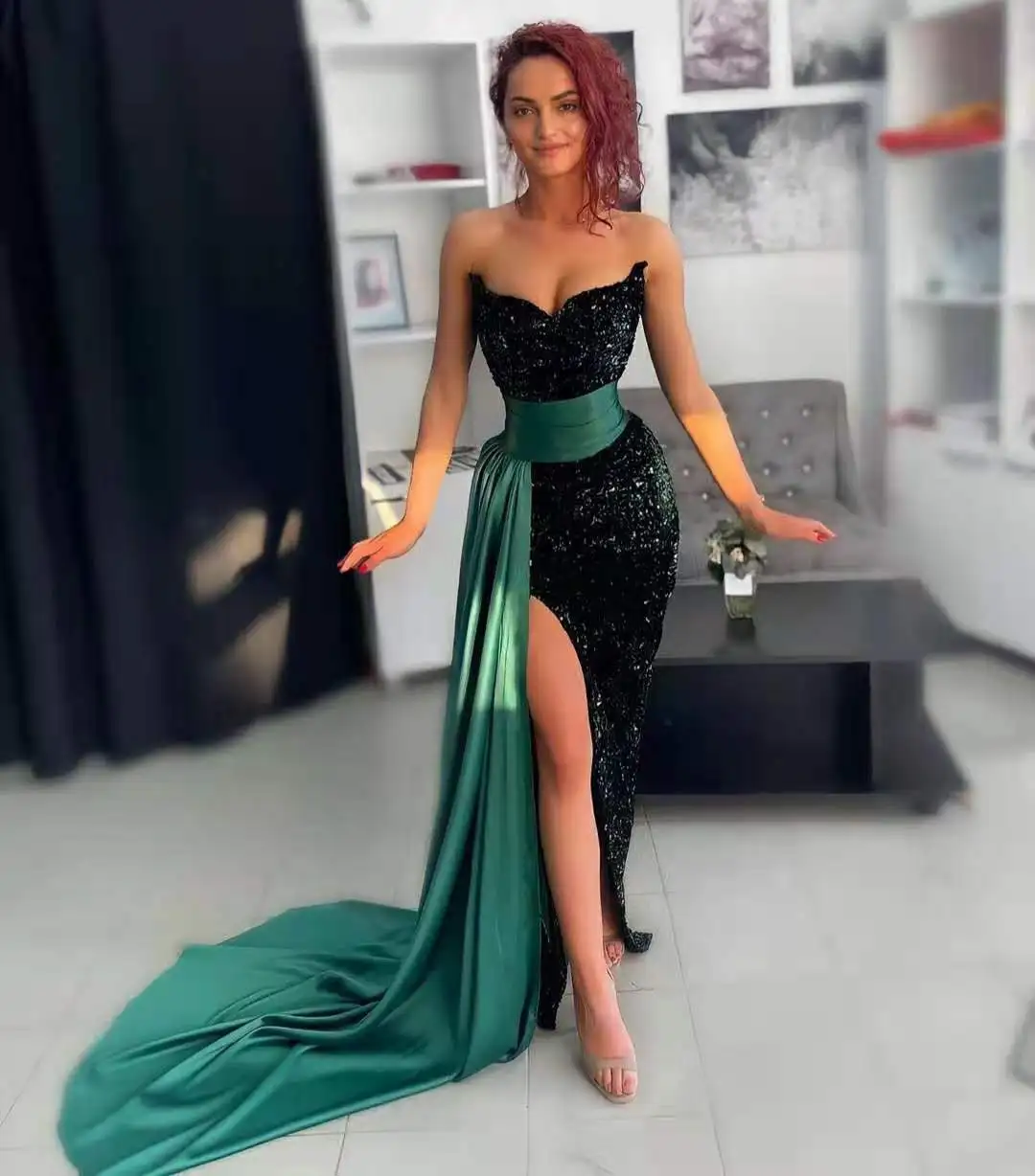 

Long Satin Sequined V-Neck Mermaid Prom Dresses with Slit Criss Cross Abendkleider Robes de Soiree for Women Evening Gowns