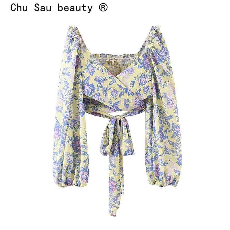 

Chu Sau beauty New Fashion Bohemian Chic Floral Print Crop Tops Women Holiday Style Bow Tie Elastic Slim V-neck Blouse Female