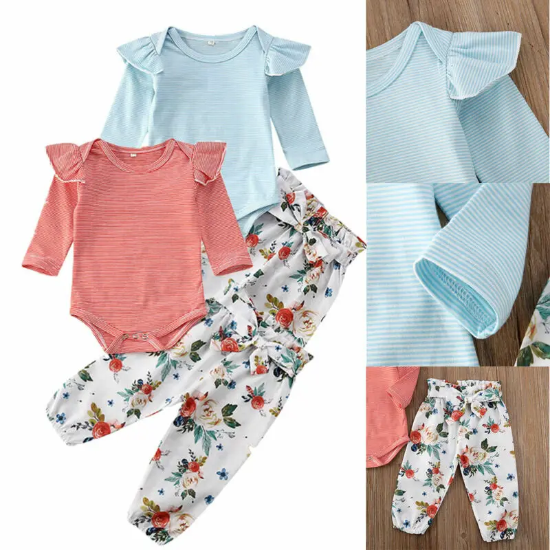

US STOCK Newborn Baby Girl 0-24M Kids Striped Long Sleeves Flower Pants Outfit Clothes
