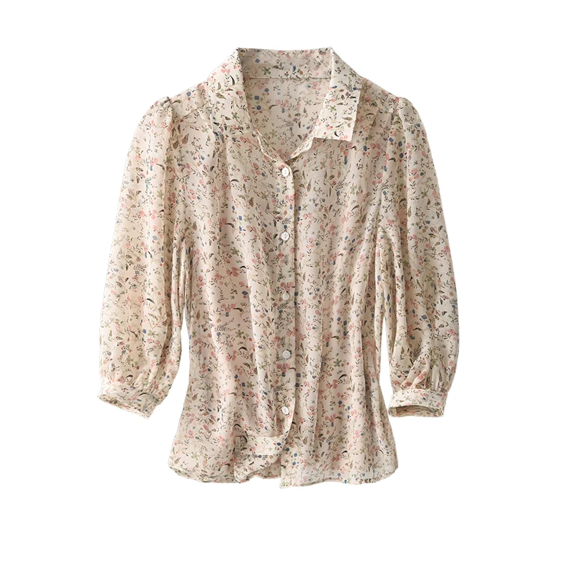 

SHUCHAN Retro France Print Buttoned Shirt Women Three Quarter Sleeve Thin Summer Puffed Sleeves Shirt Elegant Chiffon Blouses