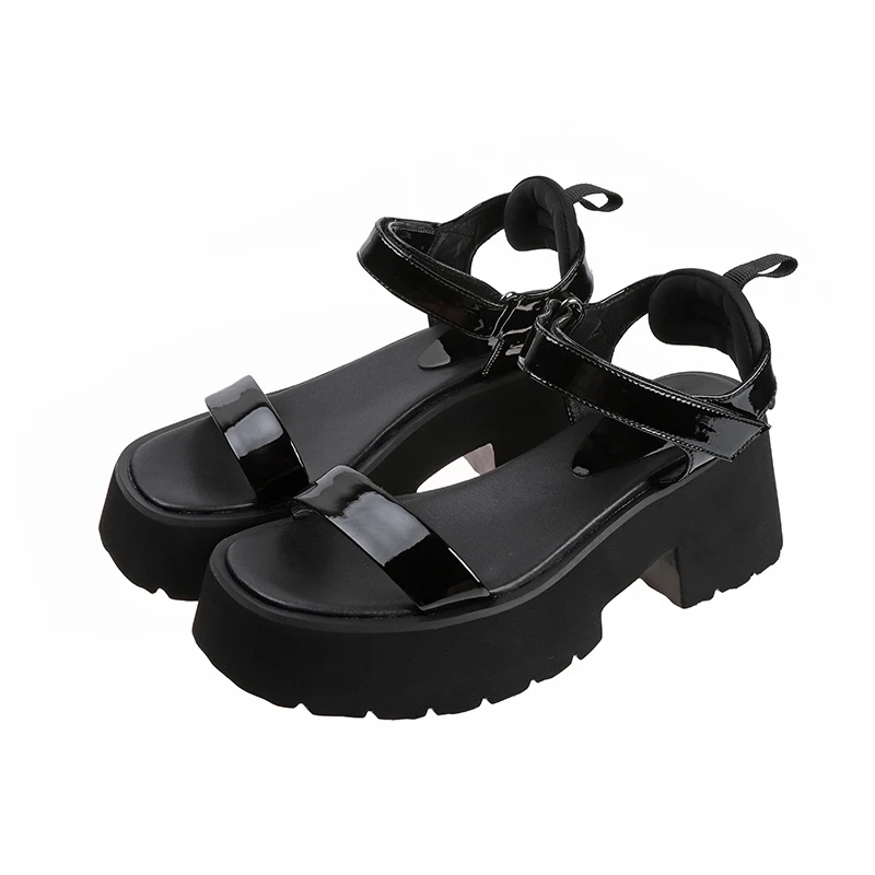 Женские кожаные босоножки на толстой подошве DEAT черные Босоножки с открытым