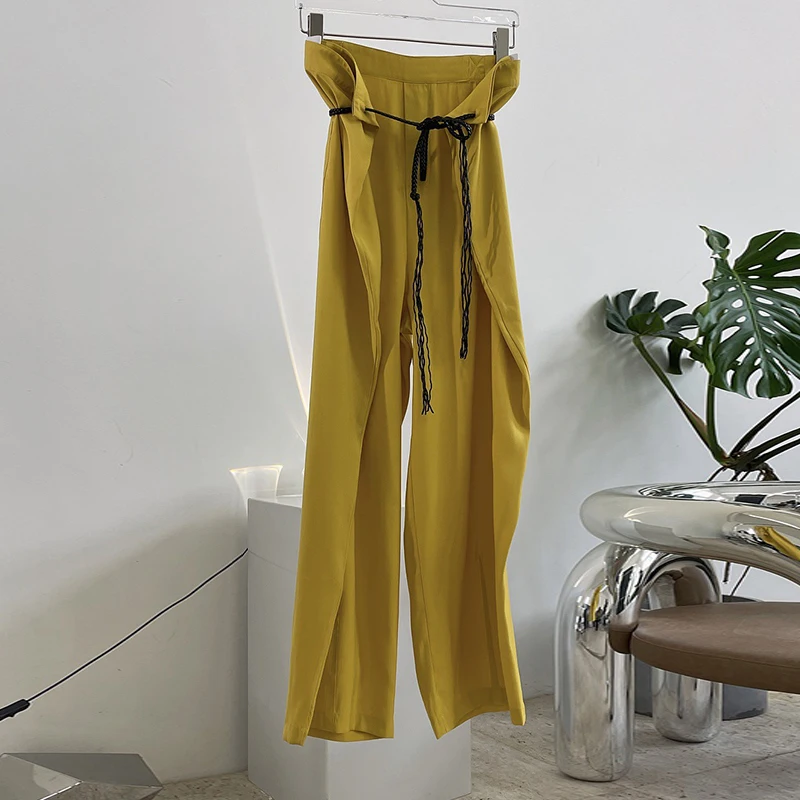 

TWOTWINSTYLE Yellow Casual Trousers For Women High Waist Korean Solid Loose Wide Leg Pants Females Summer Fashion Clothing Style
