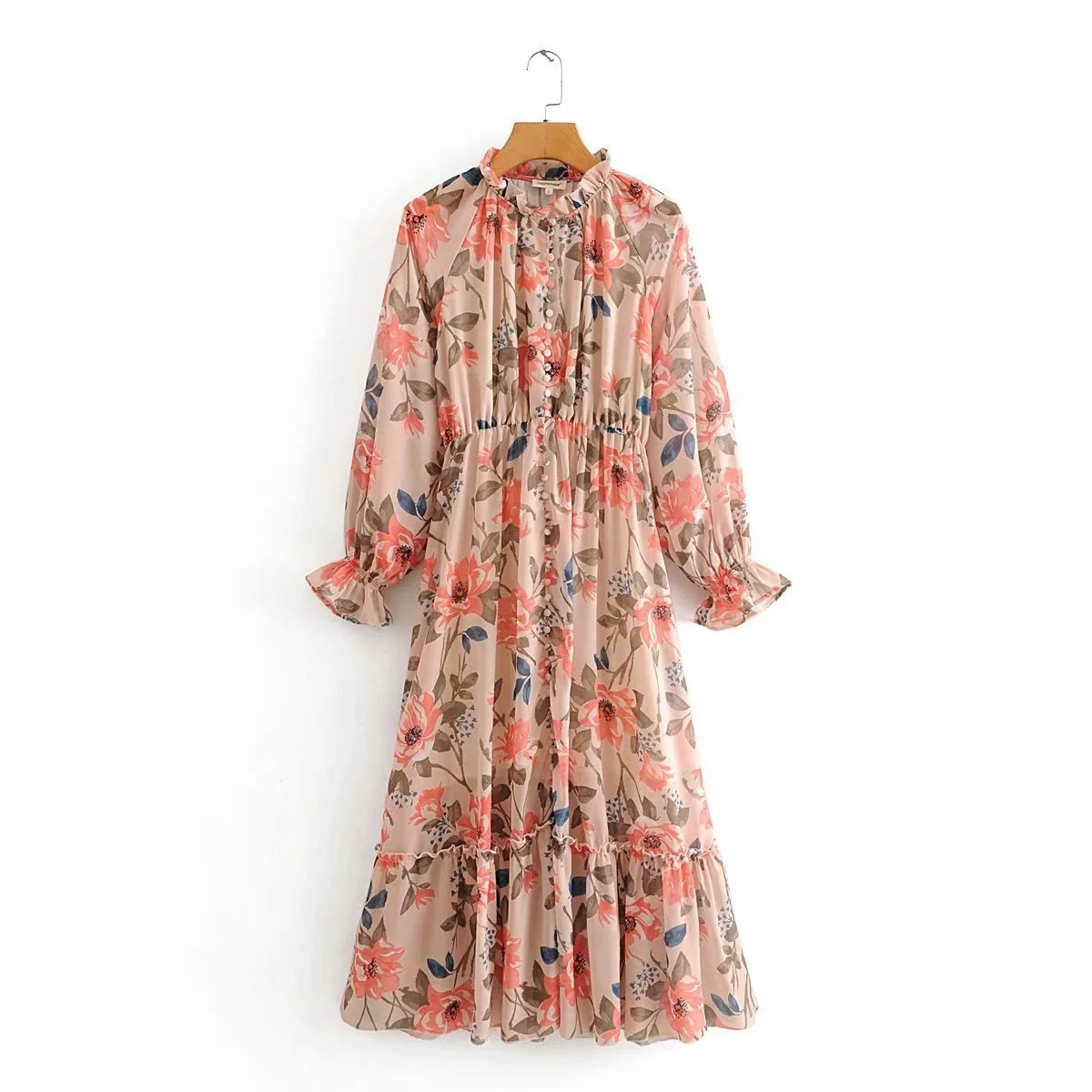 

2019 wind autumn and winter women's new Chiffon V-neck front button waist long skirt