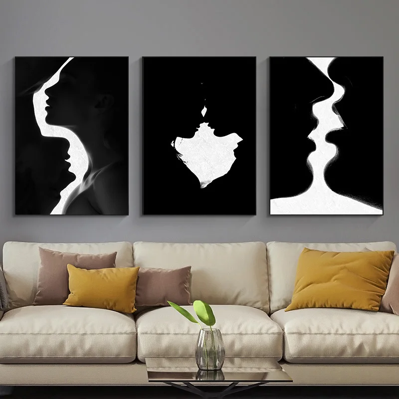 Черно-белая абстрактная женщина поцелуй постер Скандинавская настенная Картина