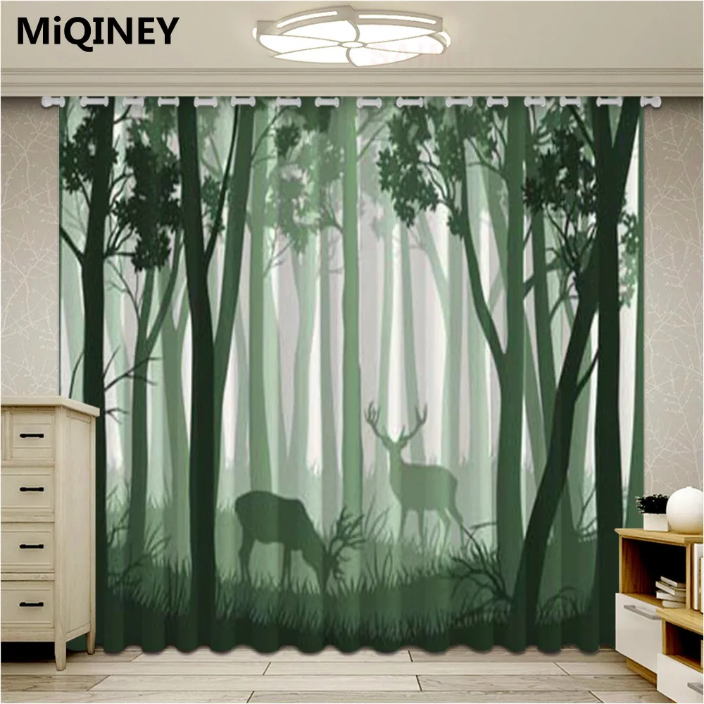 Новые занавески 3D с оленем и зелеными окнами красивым пейзажем для гостиной