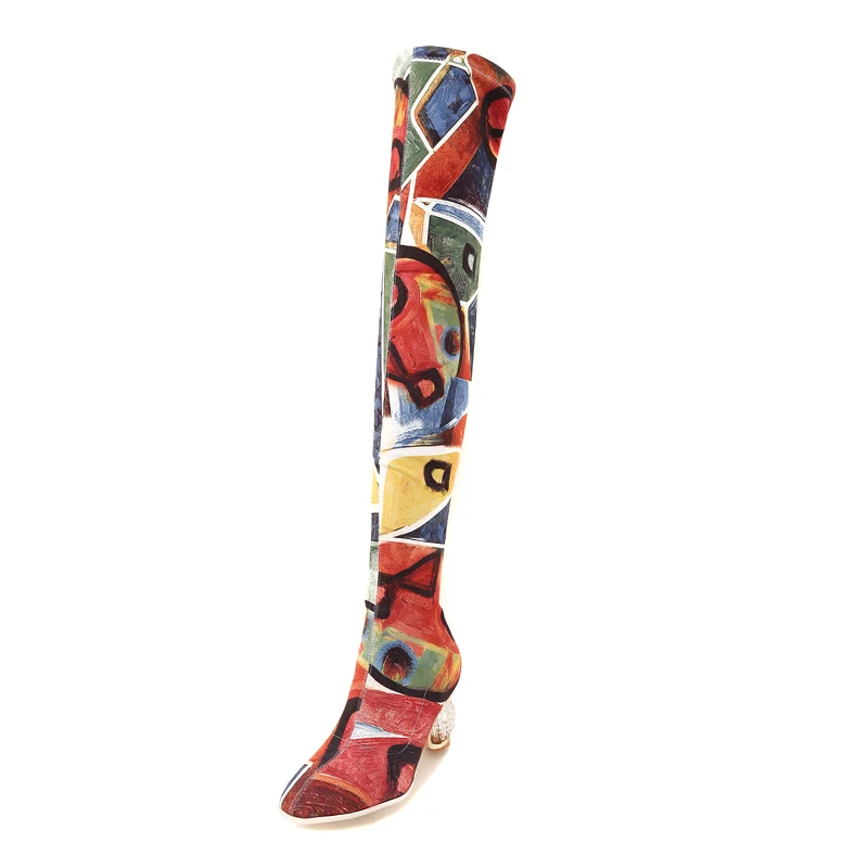 Lucyever длинные сапоги на каблуке с кристаллами женские модные разноцветные Сапоги