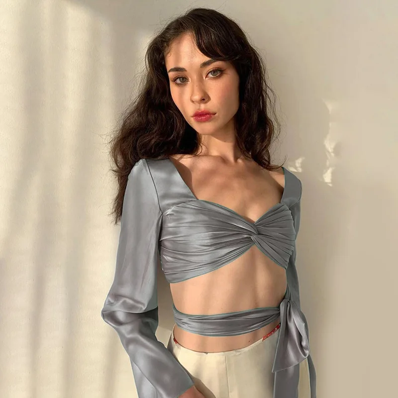 

Autumn Winter New Style Women's Trumpet Sleeve Sexy V-neck Strapped T-shirt with Fashion Design Sense Y2k Aesthetic Shirts 2021