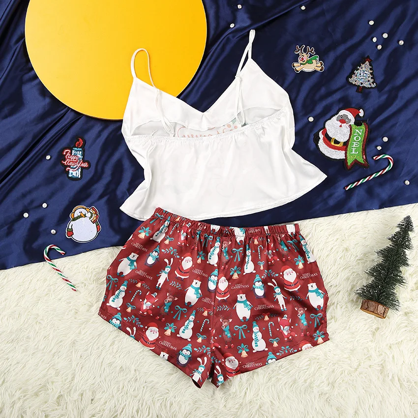 

2020 Sleepwear Women Satin Pajamas Top and Shorts Chic Two Piece Set Merry Christmas Letter Print V Neck Home Suit Sexy Pajamas