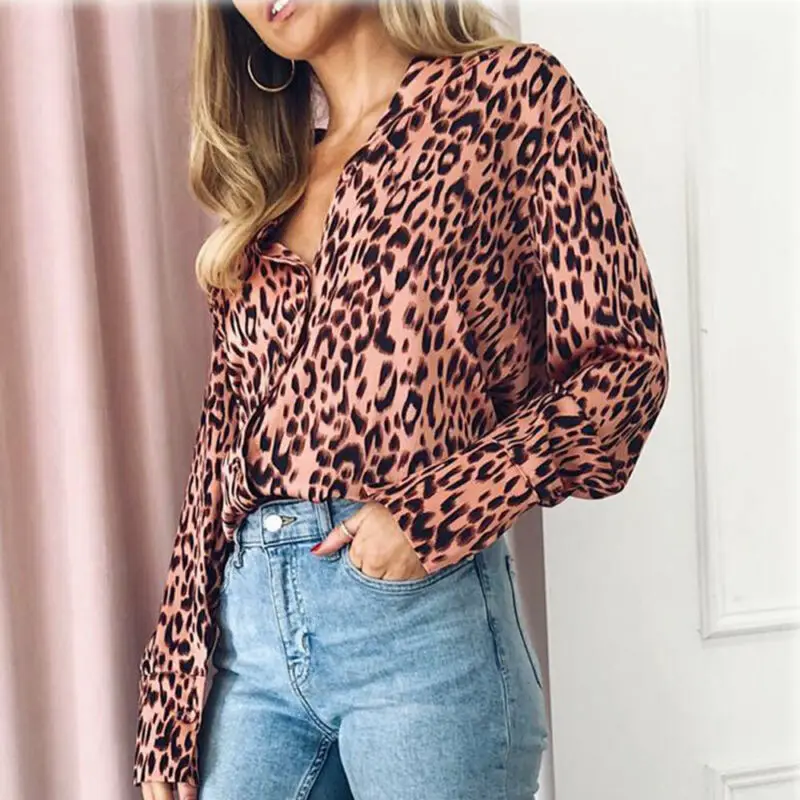 

S-3XL Hot Sale Women Blouse Long Sleeve Loose Shirt Fashion V Neck Elegant Chemise Sexy Leopard Printed Top Femme Plus Size