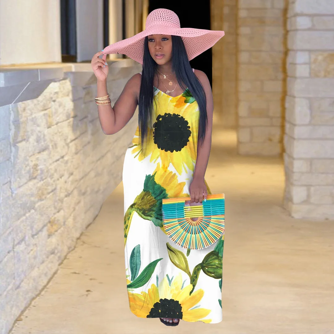 Женское платье в африканском стиле летнее богемном с принтом подсолнуха |