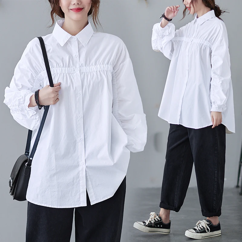 

Художественная ретро Лоскутная плиссированная женская рубашка с куклой Новинка Весна 2021 однотонная Повседневная Свободная белая рубашка ...